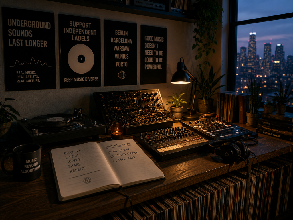 Cinematic home studio featuring analog synthesizers, vinyl collection, headphones, and creative workspace for underground electronic music production.