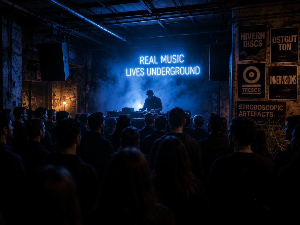 Moody music producer workspace with vinyl records, analog synth equipment, independent electronic label posters, and underground music culture aesthetic.